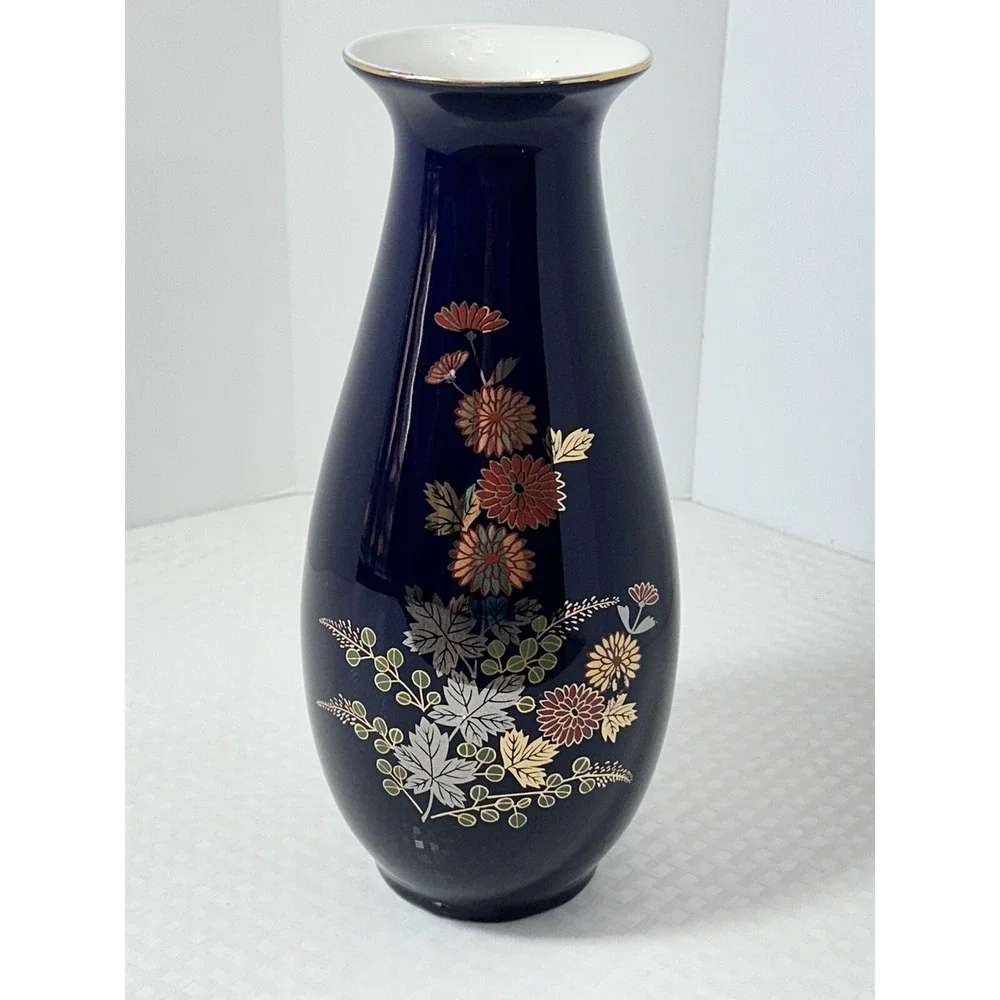 Japanese Cobalt Blue Porcelain Flower Floral Vase W/Gold‎ & Silver Leaf 10